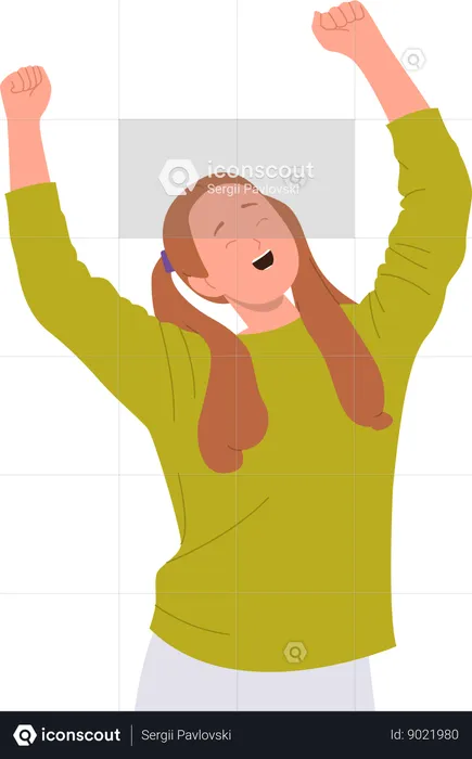 Happy girl rejoicing joyfully raising hands  Illustration