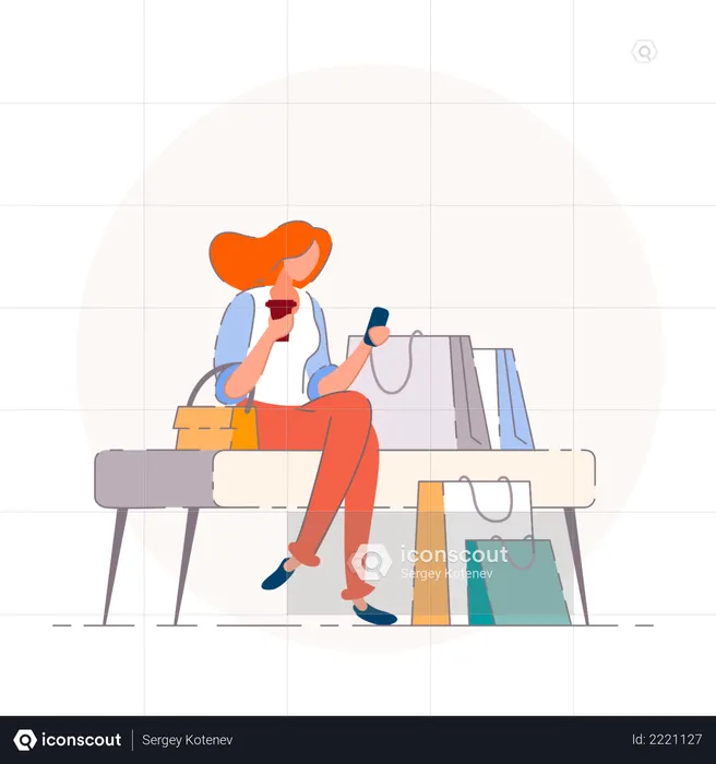 Happy girl sitting in a mall with bags  Illustration