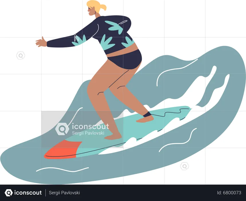 Happy girl surfing in ocean  Illustration