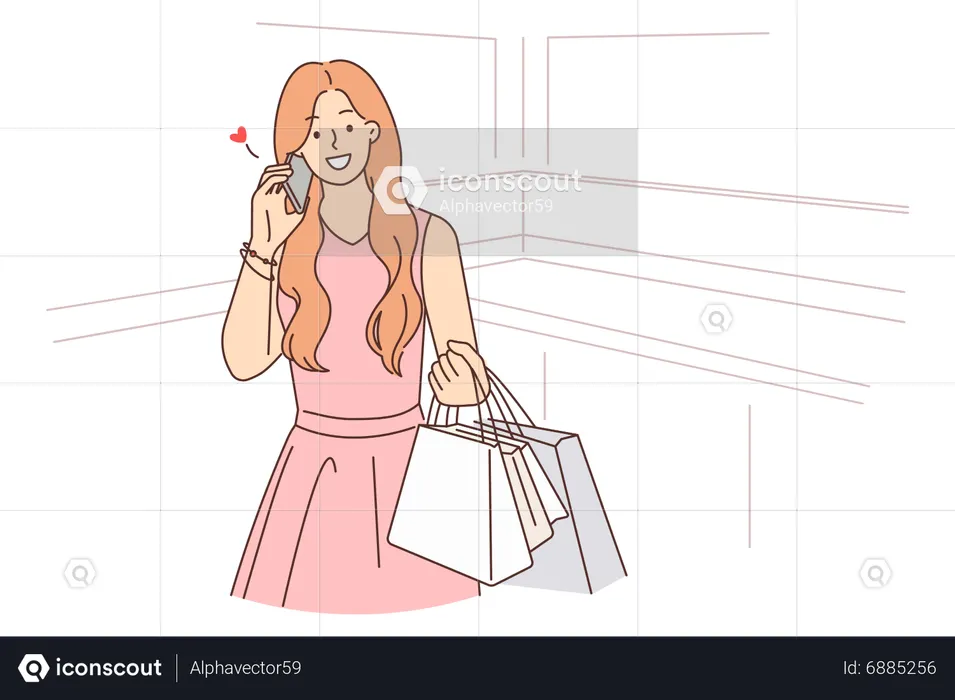 Happy girl talking on mobile and holding shopping bags  Illustration