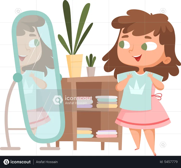 Happy girl wearing dress and looking in mirror  Illustration