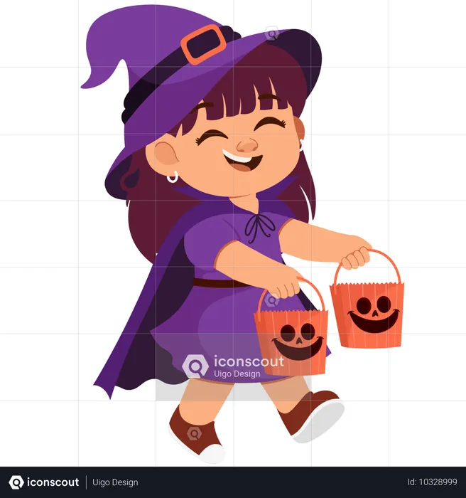 Happy Girl Witch holding scary bag  Illustration