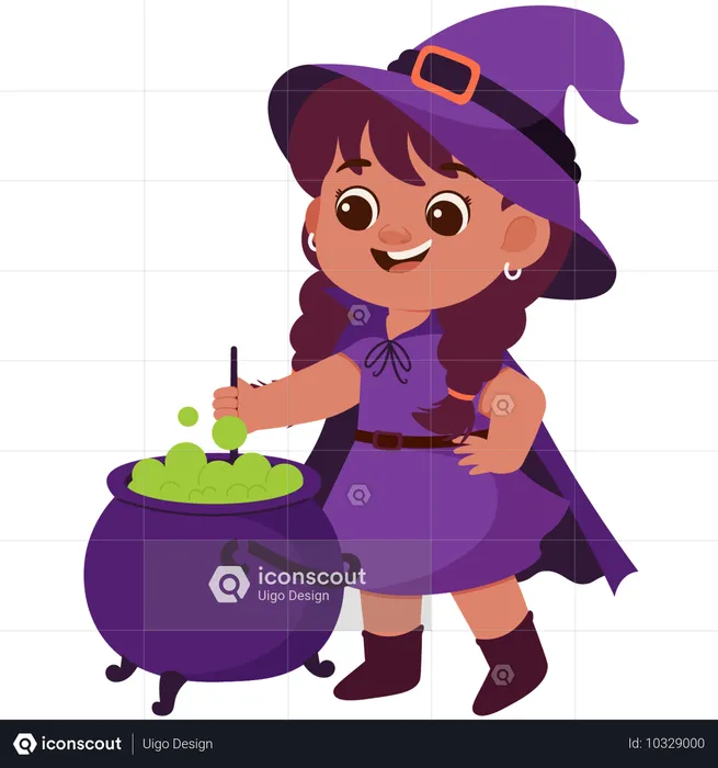 Happy Girl Witch Mixes Witch Potion  Illustration