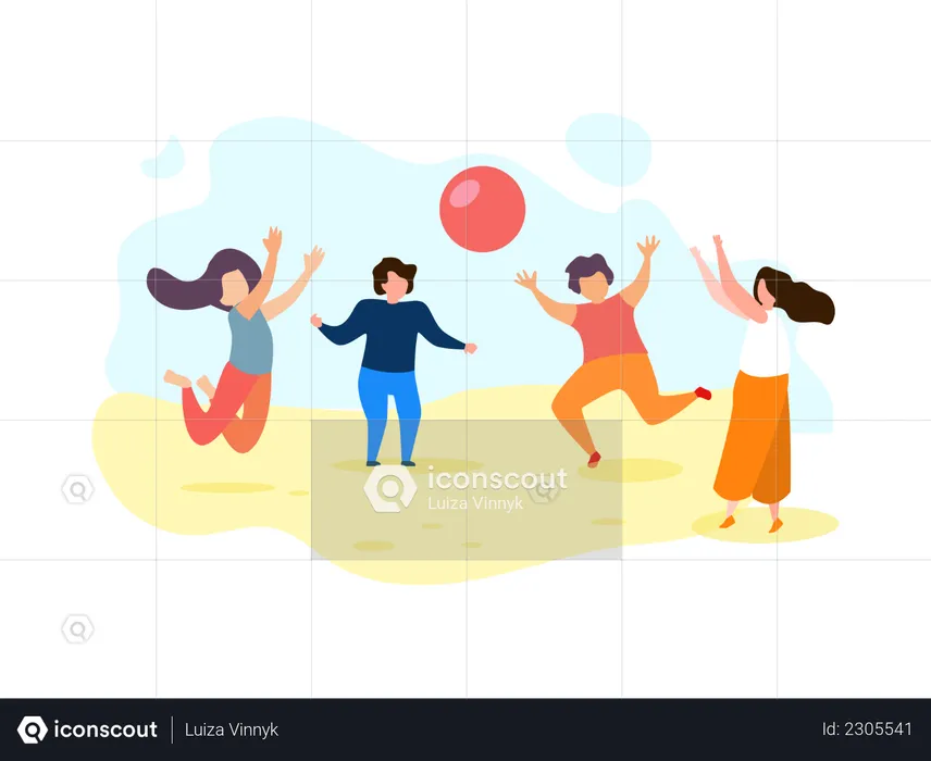 Happy Group of Children Play Ball at Beach  Illustration