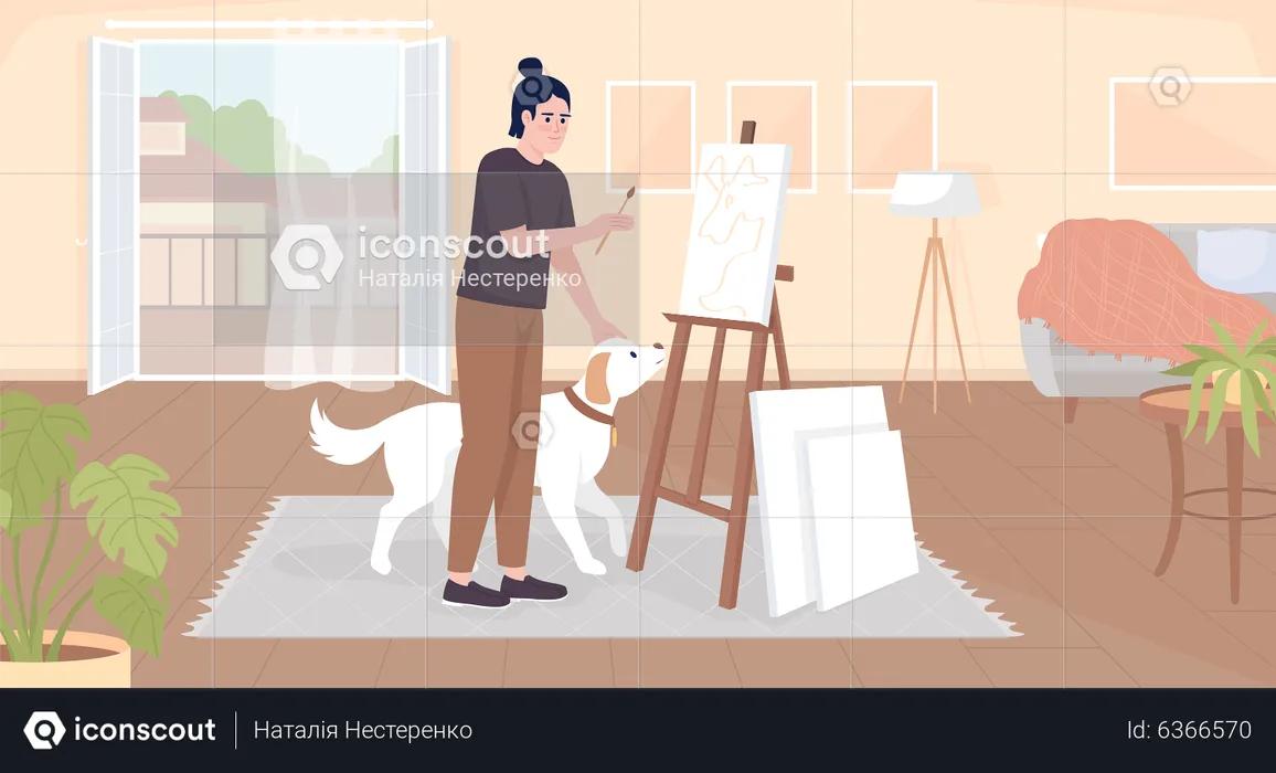 Happy guy petting dog and painting on canvas  Illustration