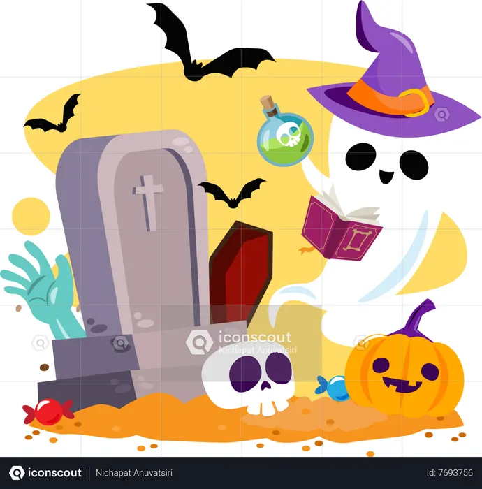 Happy Halloween with ghost in witch hat and halloween characters  Illustration