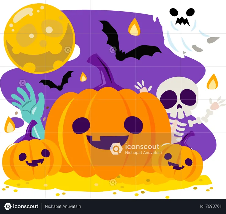 Halloween greeting with Jack o lantern pumpkins and halloween friends  Illustration