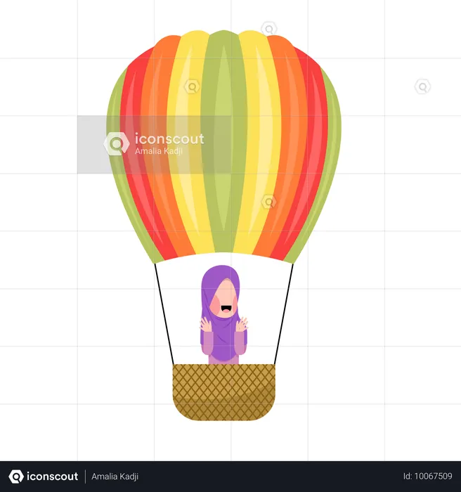 Happy hijab girl Riding Hot Air Balloon  Illustration