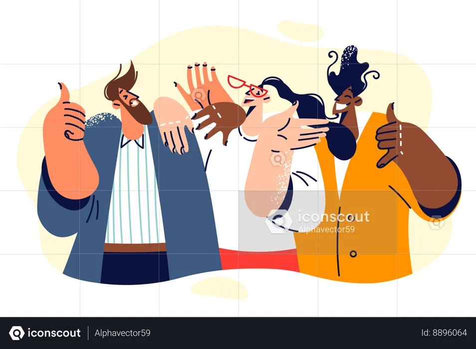 Happy hipsters people demonstrate positive gestures calling for development of multiethnic teams  Illustration