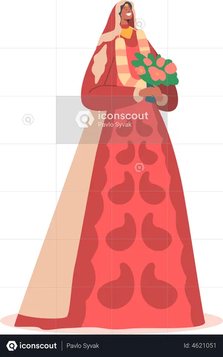 Happy Indian Bride in Long Red Dress with Bouquet  Illustration
