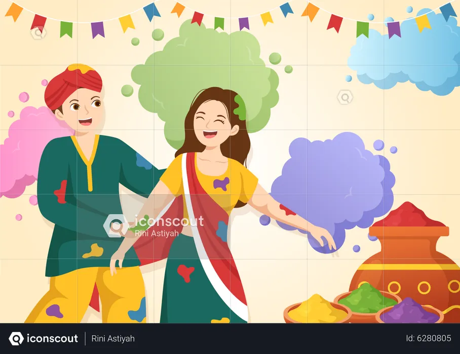Happy indian couple celebrate Holi  Illustration