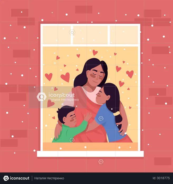 Happy family standing in home window  Illustration