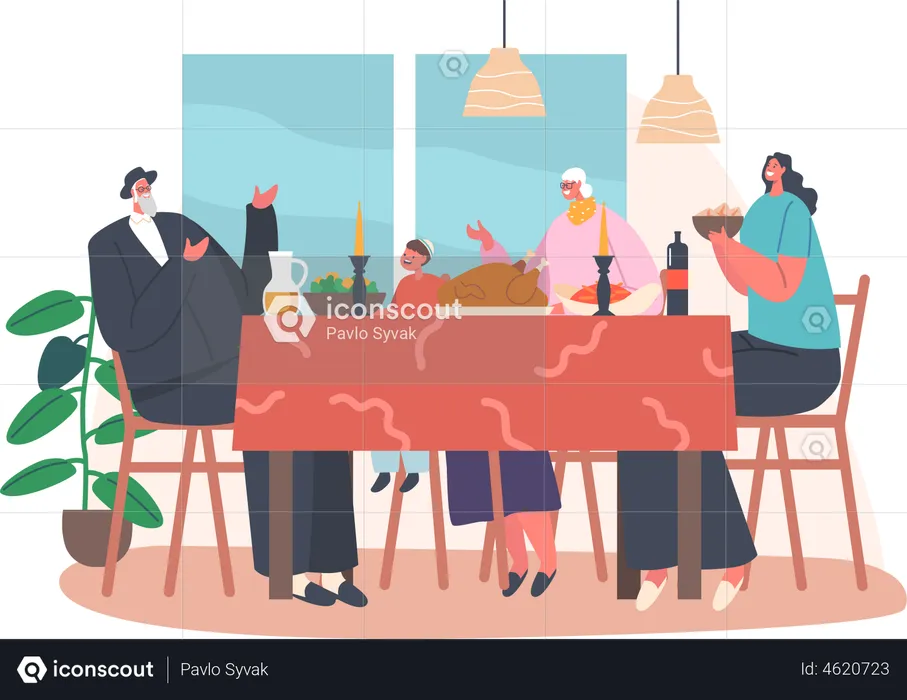 Happy Jewish Family Having Dinner  Illustration