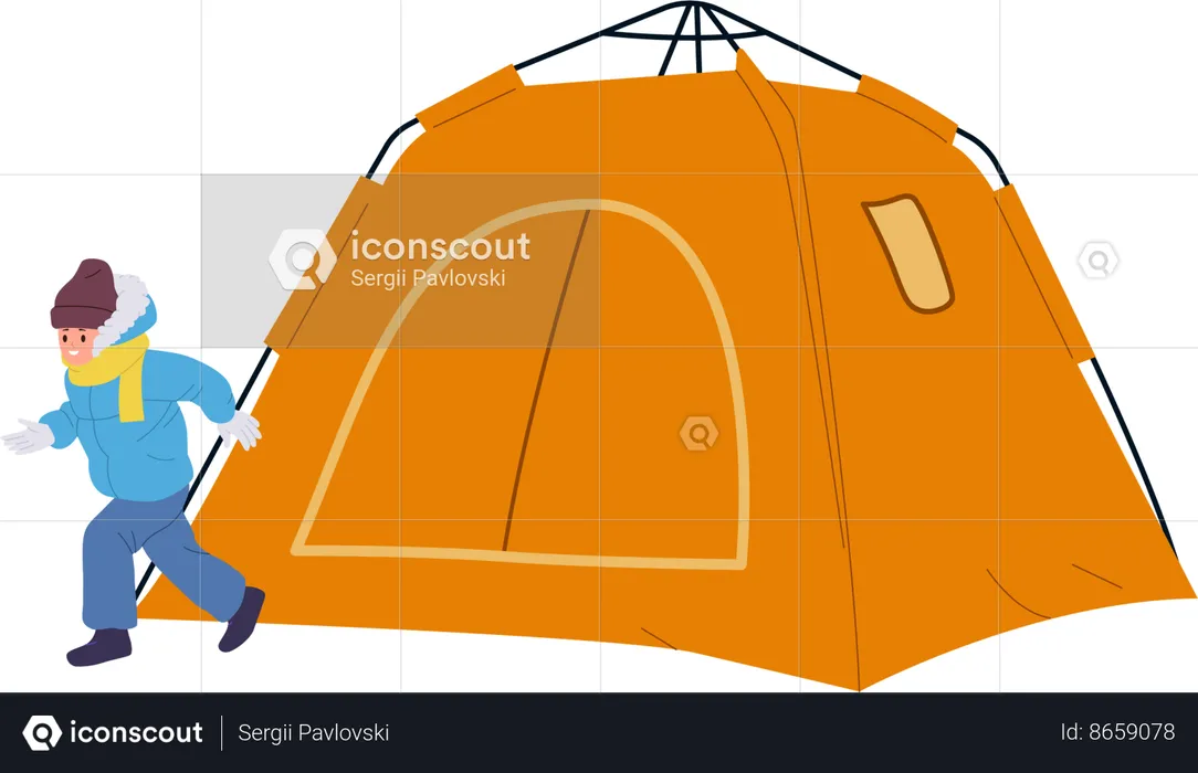 Happy joyful little boy child having fun and playing nearby winter camp tent  Illustration
