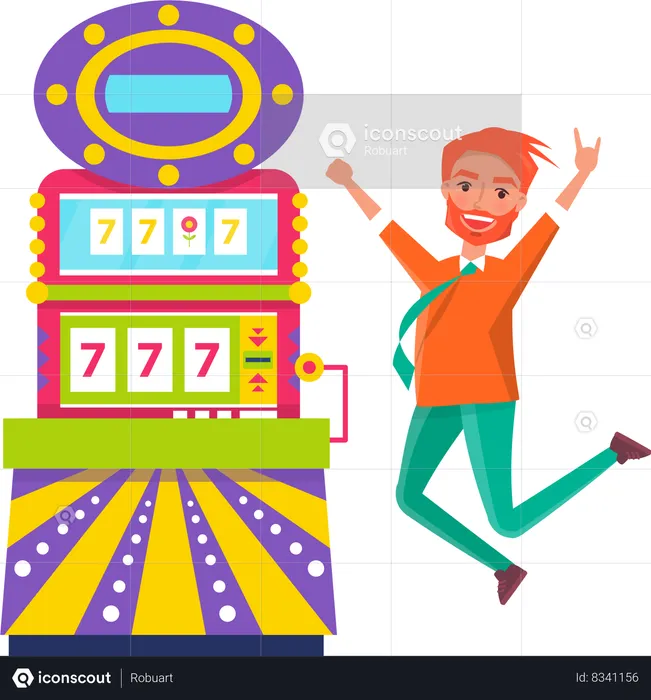 Happy Jumping Man Winner of Money in Slot Machine  Illustration