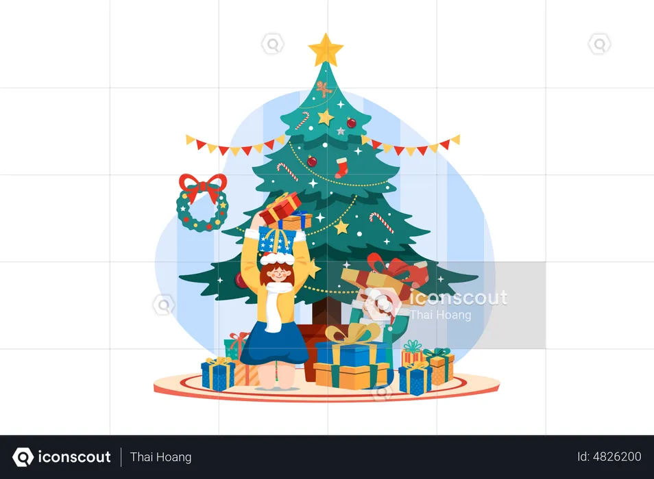 Happy kid with Christmas gifts  Illustration