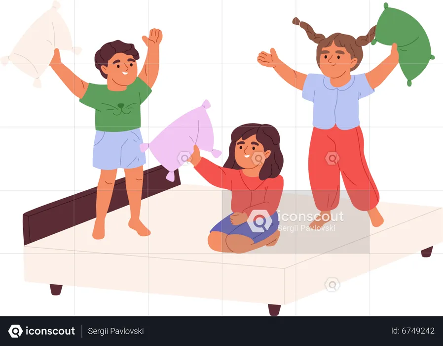 Happy kids fighting with pillow  Illustration