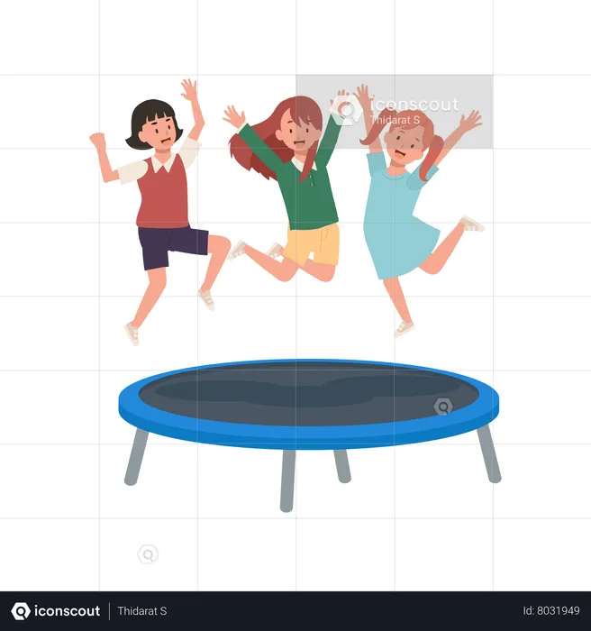 Happy kids jumping on trampoline  Illustration