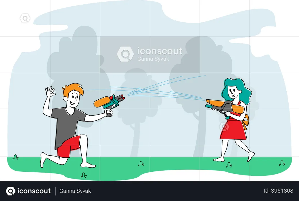 Happy Kids Playing Shooting with Water Guns  Illustration