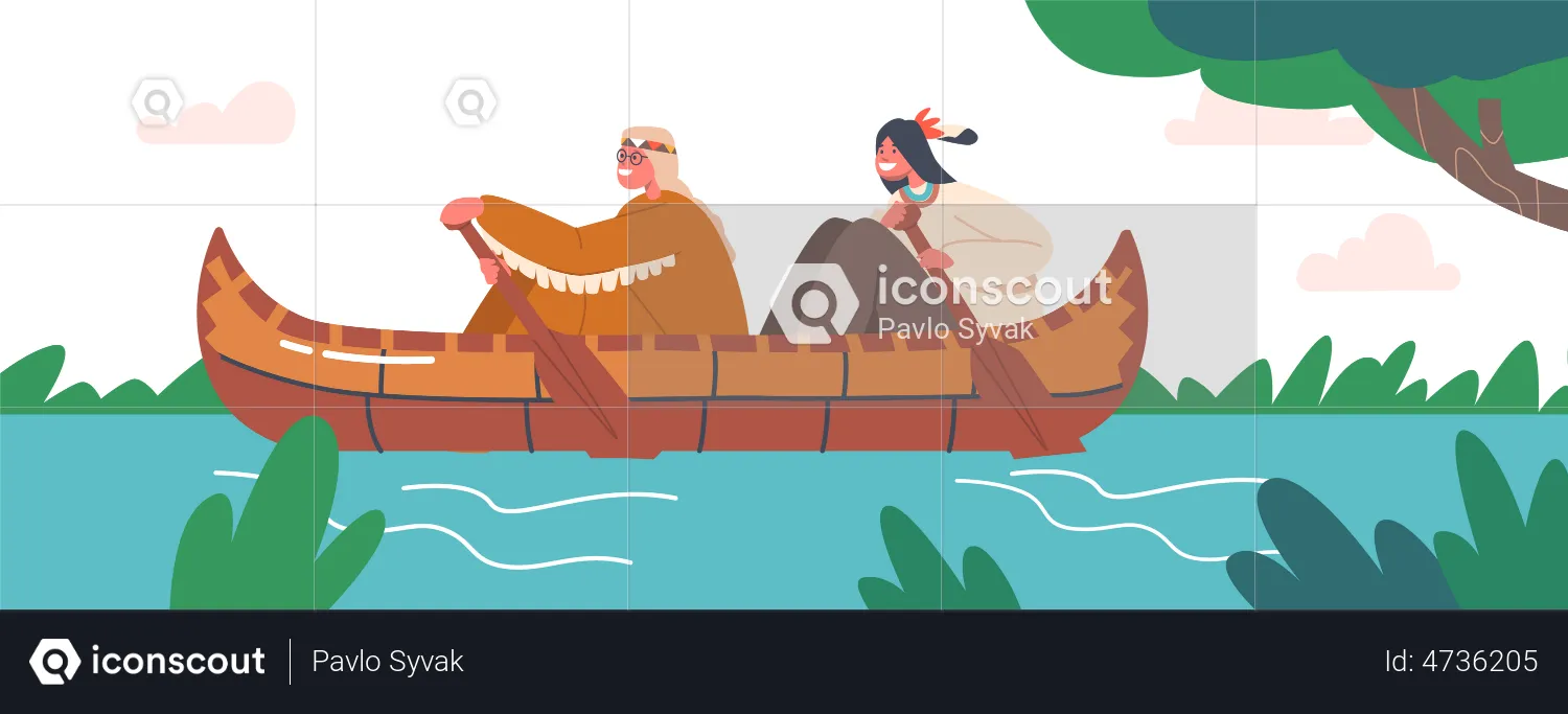 Happy Kids Rowing on Kayak by River  Illustration