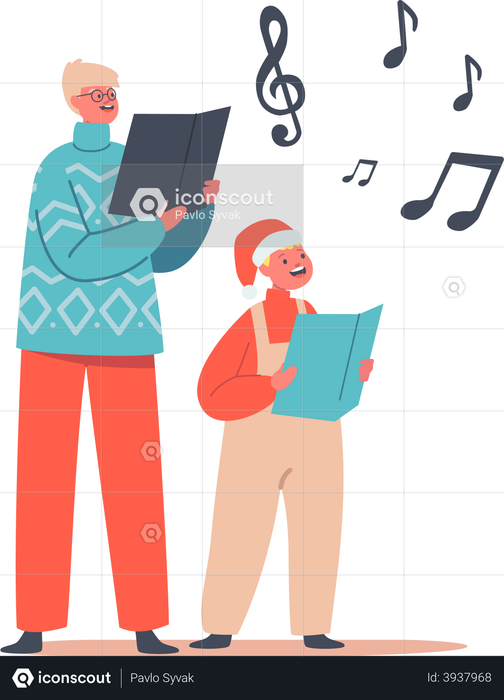 Happy Kids Wearing Santa Claus Hats and Knit Sweaters Singing Christmas Songs Illustration