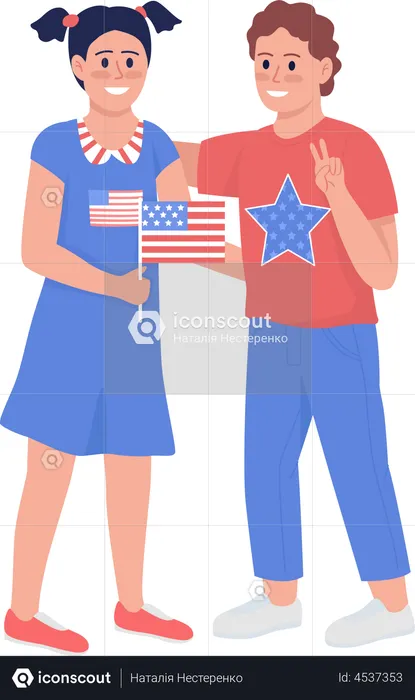 Happy kids with American flag  Illustration