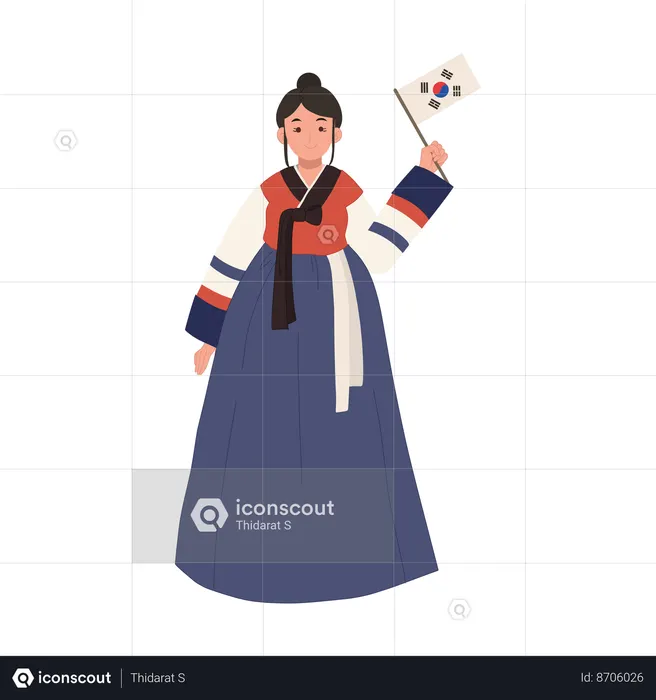 Happy korean girl wearing hanbok with south korea flag  Illustration