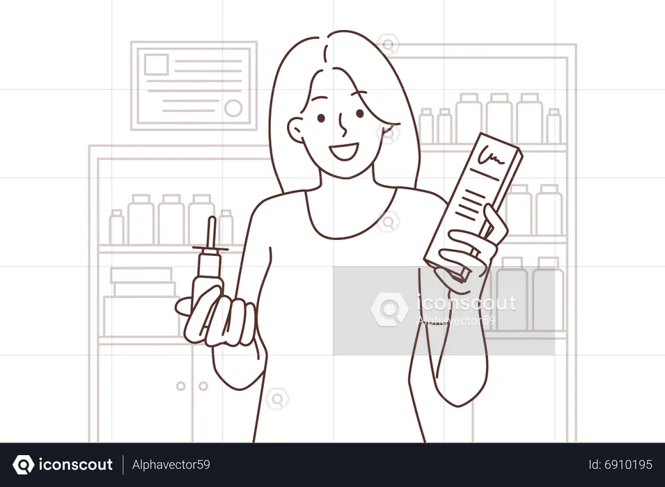 Happy lady holding medicine bottle  Illustration