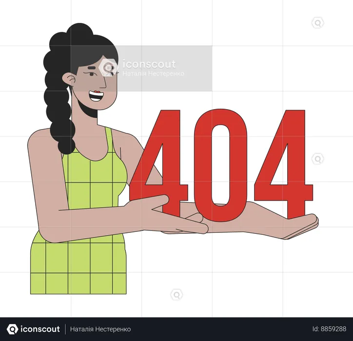 Happy latina woman holding error 404 flash message  Illustration