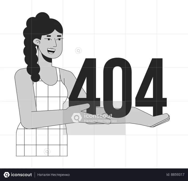 Happy latina woman holding error 404 flash message  Illustration