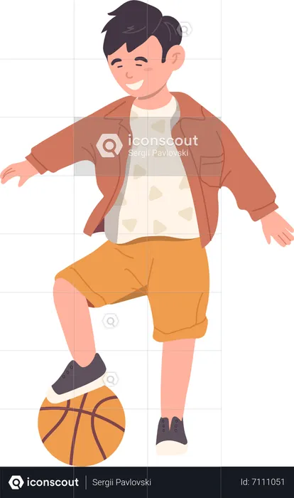 Happy little boy holding foot on basketball ball  Illustration
