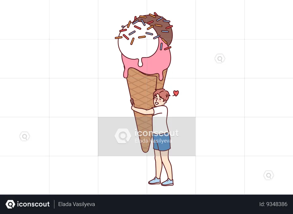 Happy little boy with giant size ice cream waffle cup and colorful sweet sprinkles  Illustration