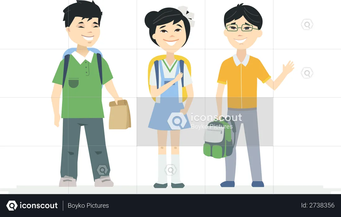 Happy little boys and a girl, students with backpacks waving hands and smiling  Illustration