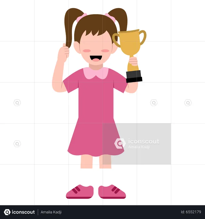 Happy Little Girl Holding Trophy  Illustration
