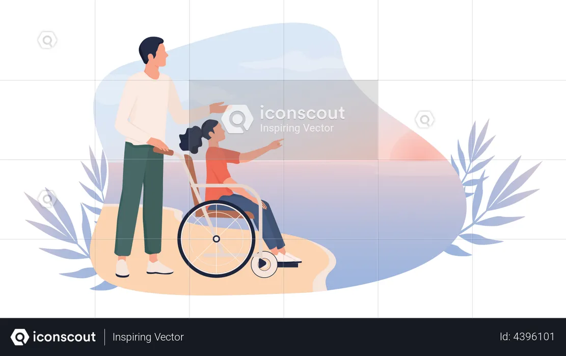 Happy little girl on wheelchair with her father on a beach  Illustration