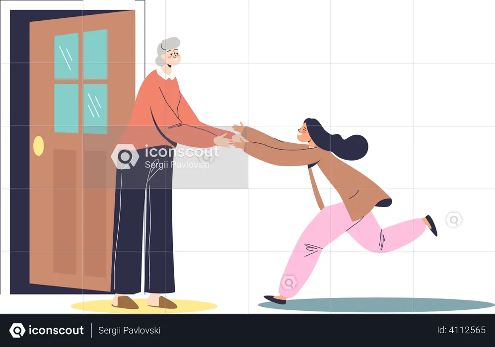 Happy little girl running to grandmother  Illustration