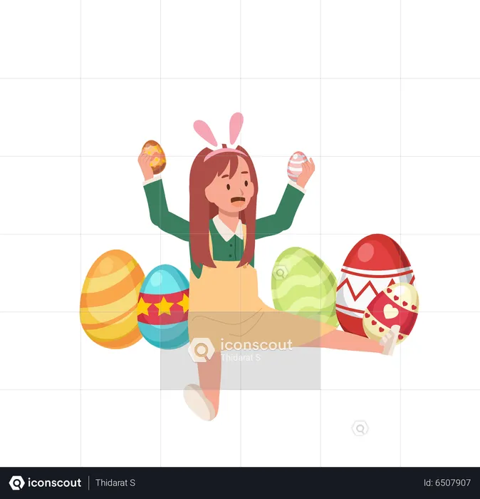 Happy Little girl with bunny ears is holding Easter egg in both hands while surrounding in another easter eggs  Illustration