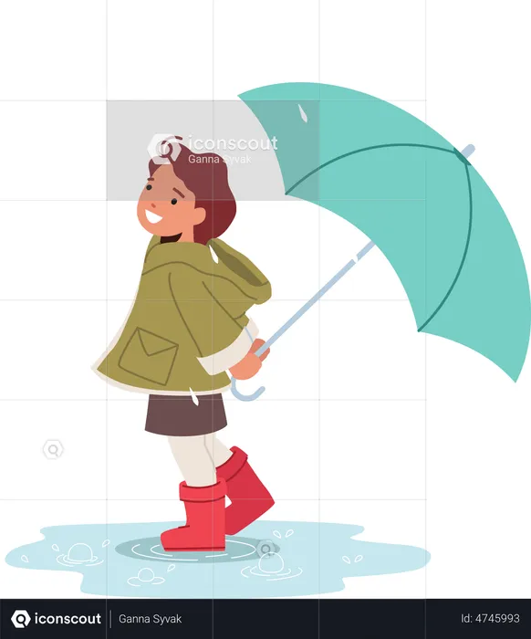 Happy Little Girl with Umbrella  Illustration