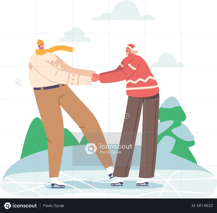 Happy Loving Couple in Warm Clothes Holding Hands Skating Outdoors on Frozen Pond  Illustration