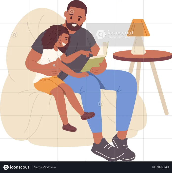 Happy loving father reading book with little smart daughter while sitting in armchair at home  Illustration