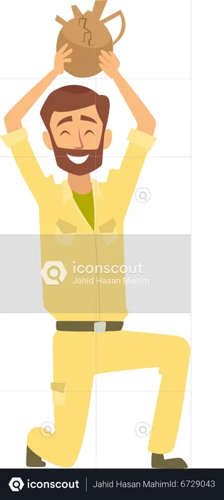 Happy male archeologist finding treasury pot  Illustration