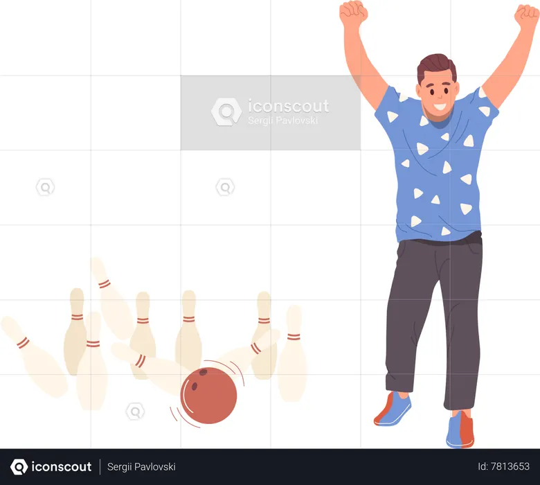 Happy male bowler hitting bowling strike crashing pins skittles  Illustration