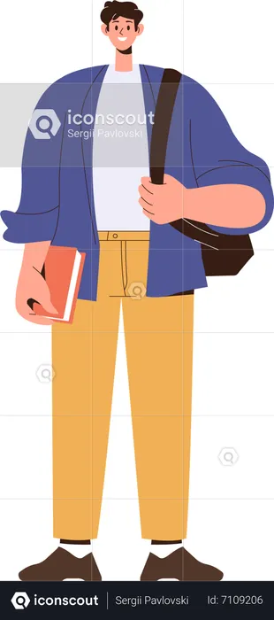 Happy male student standing with bag and book in hand  Illustration