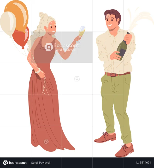 Happy man and woman celebrating wedding party together  Illustration