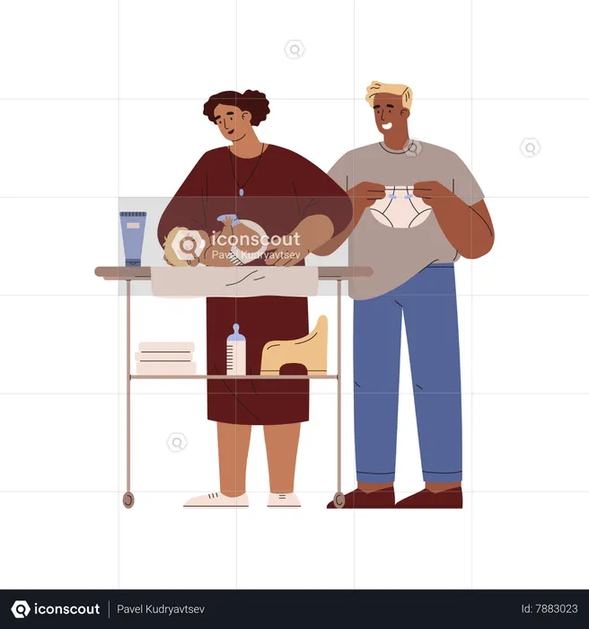 Happy man and woman changing baby's diaper  Illustration