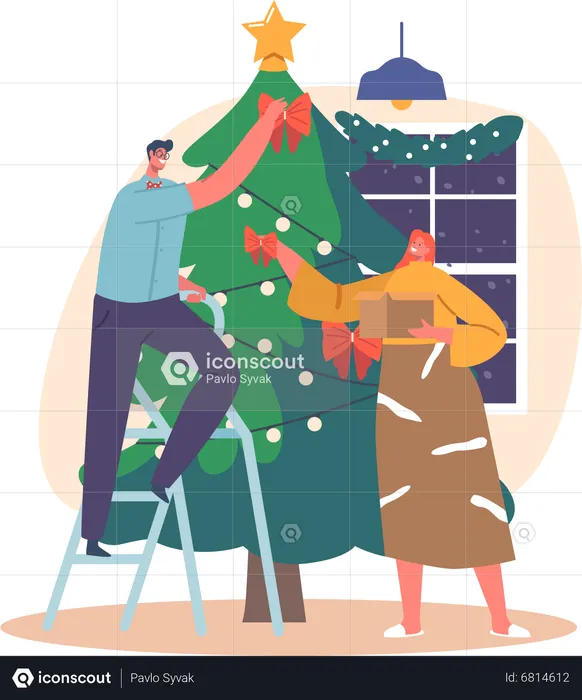 Happy Man and Woman Decorating Christmas Tree  Illustration