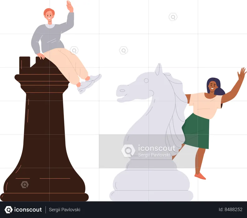 Happy man and woman playing giant chess figure  Illustration