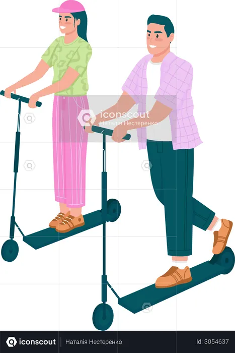 Happy man and woman riding electric scooters  Illustration