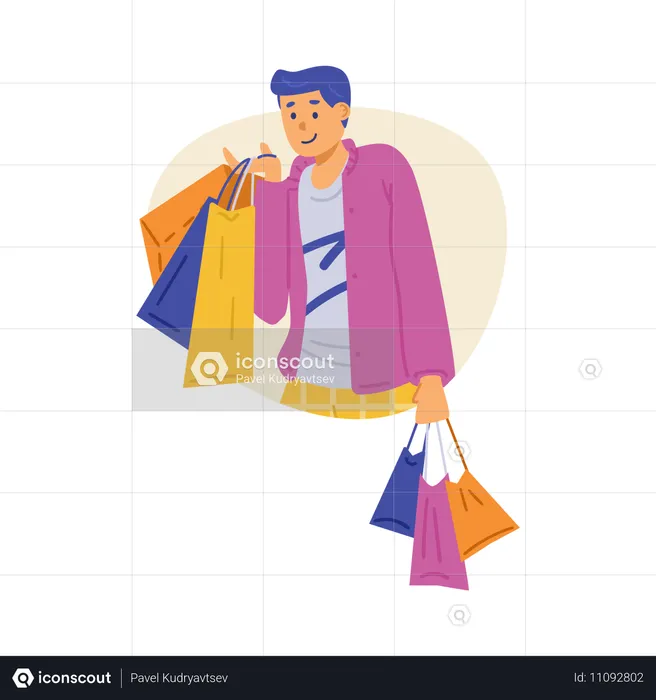 Happy man buyer or shopaholic holding lot shopping bags in hands  Illustration