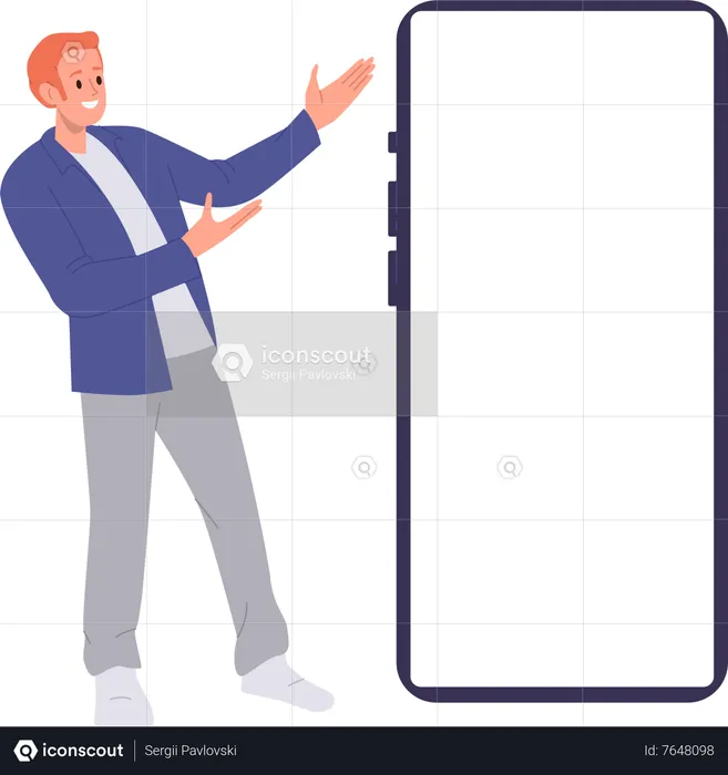 Happy man character pointing with two hands to white screen of huge smartphone for advertisement  Illustration